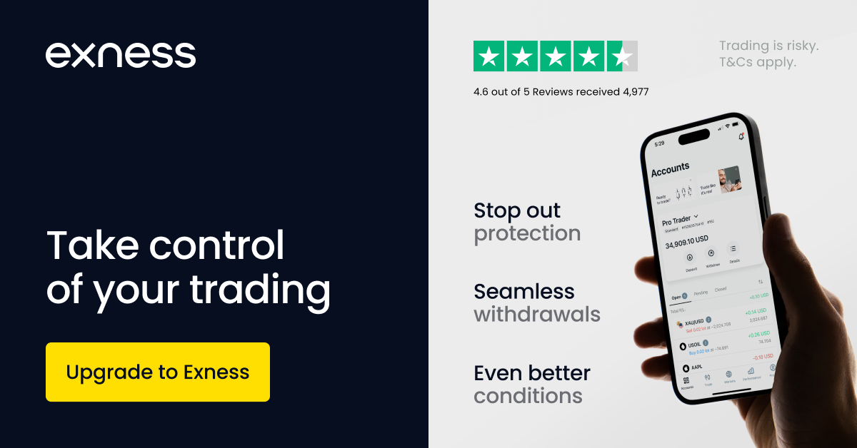 Exness promotional banner highlighting seamless withdrawals, stop-out protection and better conditions
