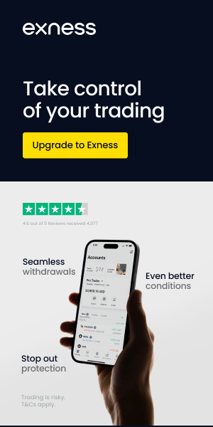 Exness promotional banner — “Take control of your trading”, rated 4.6/5 on Trustpilot