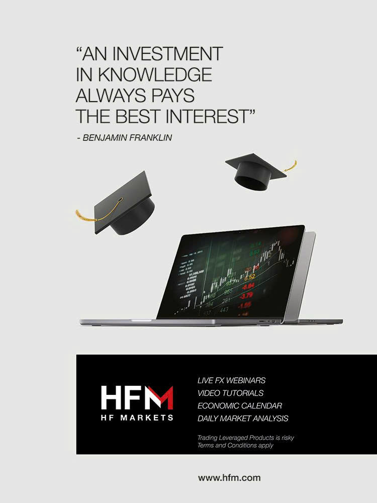 HFM promotional poster quoting Benjamin Franklin, “An investment in knowledge always pays the best interest”, beside a laptop showing live charts