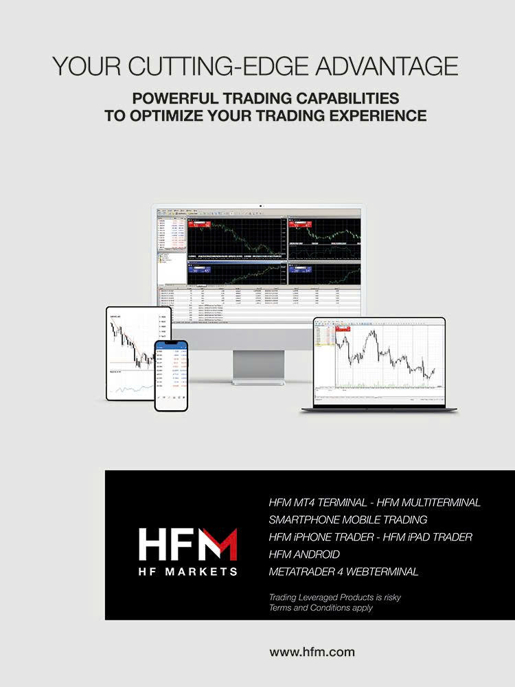 HFM promotional poster — “Your cutting-edge advantage”, showing the MT4 terminal on desktop, laptop and mobile