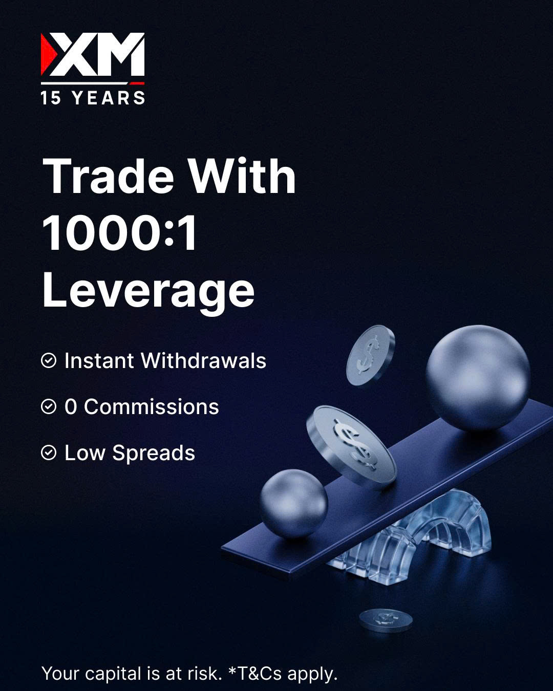 XM promotional poster — “Trade With 1000:1 Leverage”, with instant withdrawals, 0 commissions and low spreads